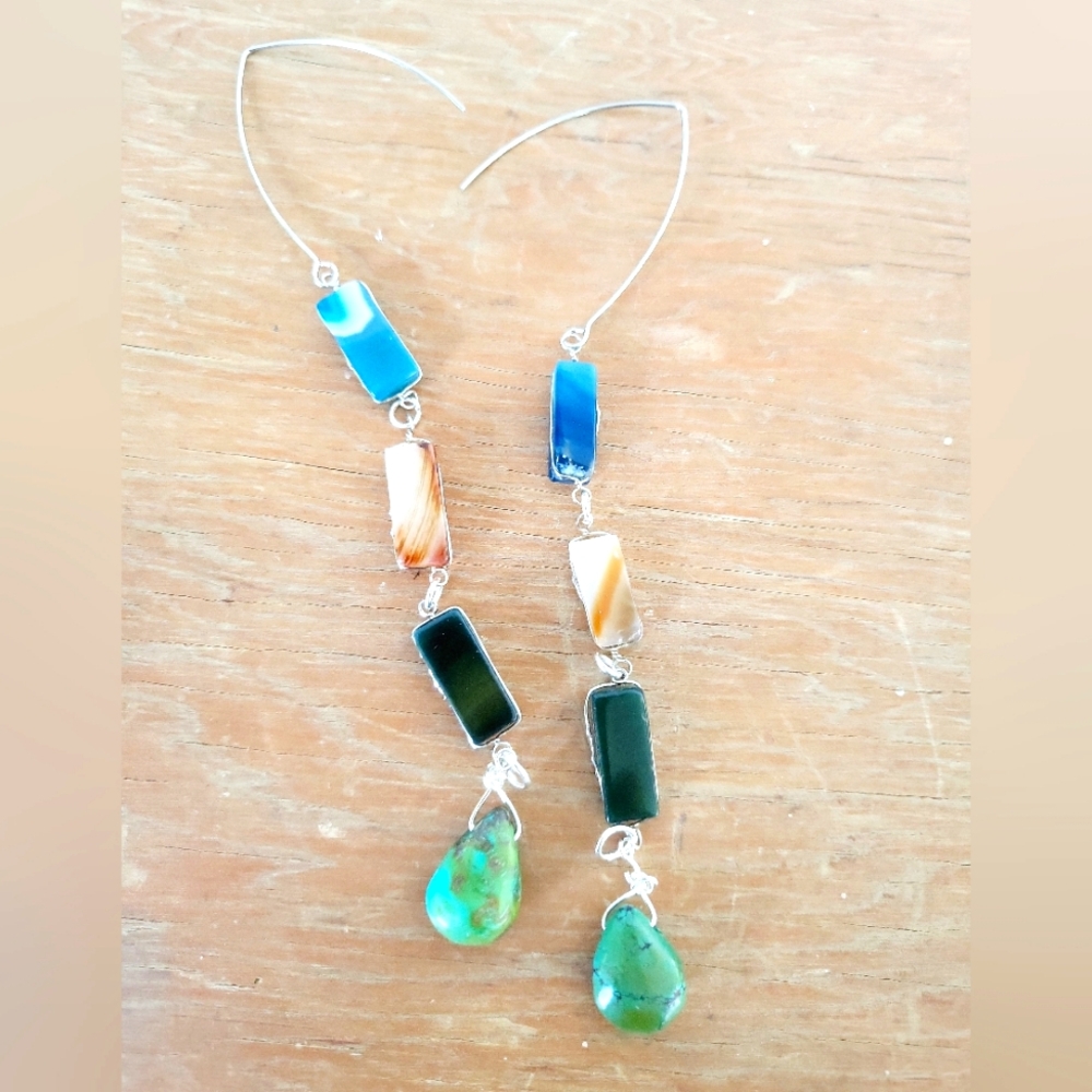 NWT Blue Honey Jewelry Gemstone & Turquoise Dangle Earrings OOAK
